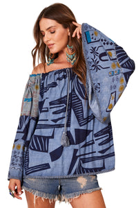 Bata Ciganinha Com Mangas Flare Azul Patchwork Yacamim B21