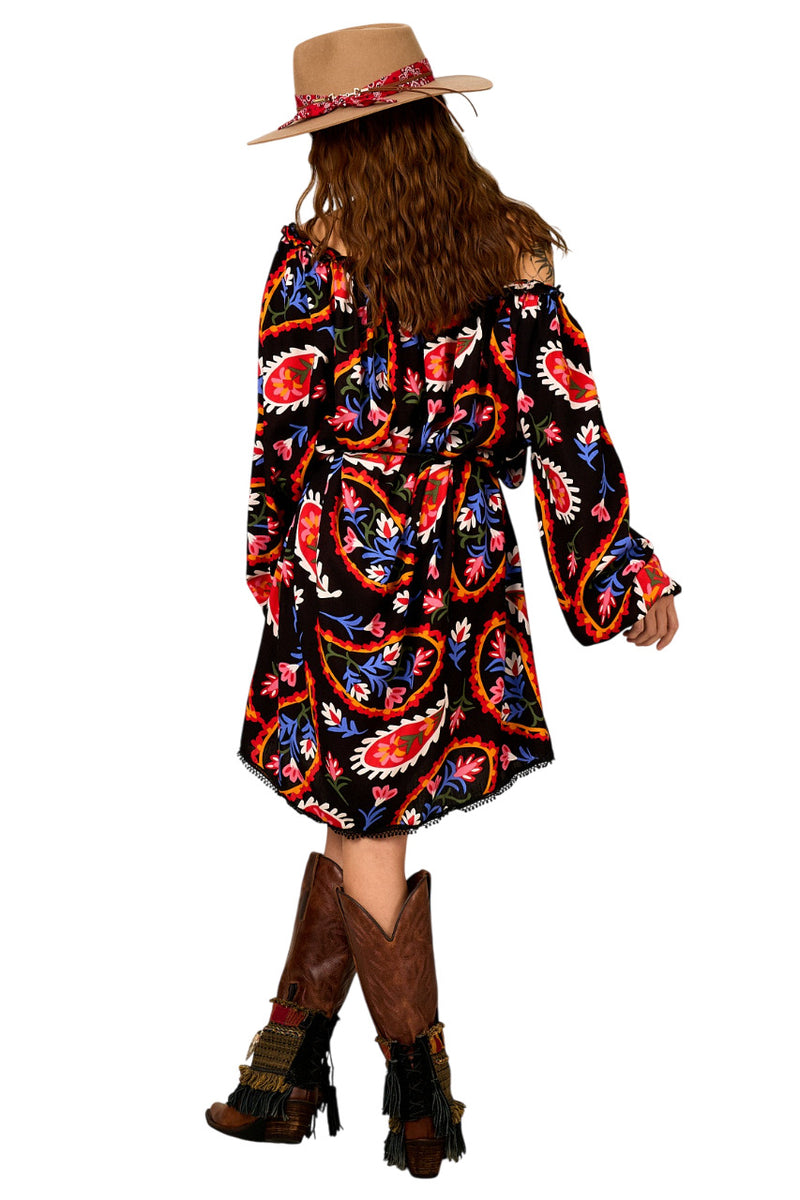 Vestido Curto Preto Estampa Cashmere Yacamim C26