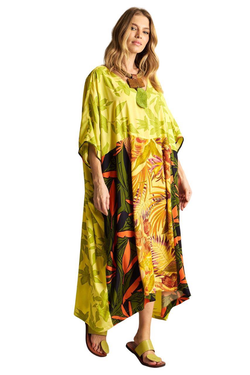 Kaftan Amplo Com Decote Em V Verde Patchwork Yacamim K4