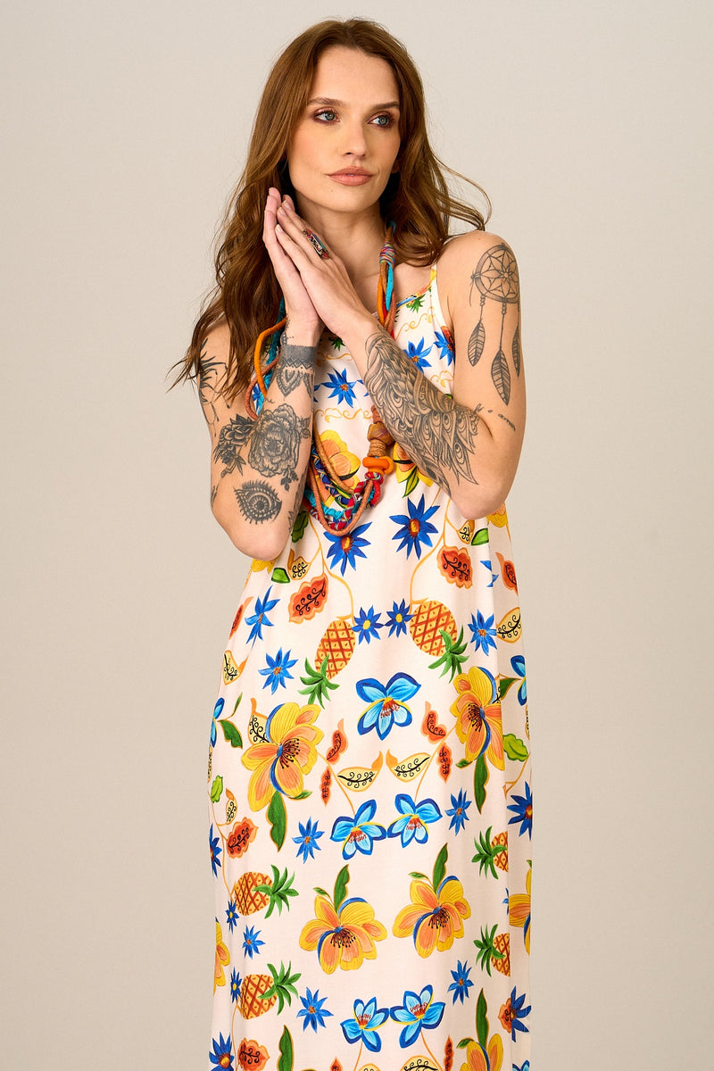 Vestido Longo De Alças Bege Estampa De Abacaxi Yacamim C18