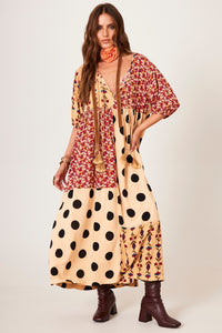 Vestido Midi Estampa De Poá Patchwork Marrom Claro Yacamim D15