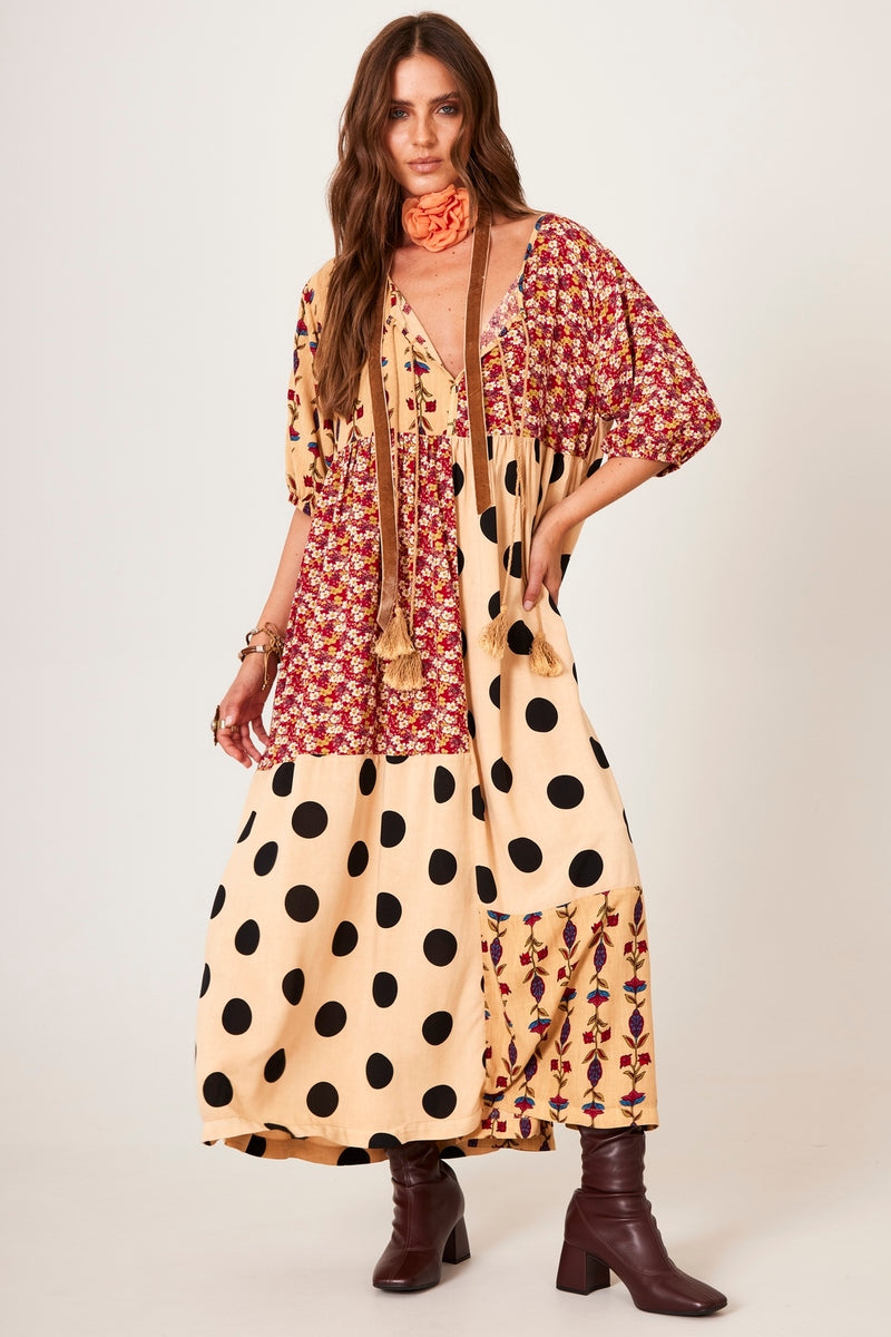 Vestido Midi Estampa De Poá Patchwork Marrom Claro Yacamim D15