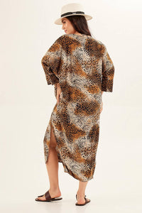 Vestido Midi Com Mangas 3/8 Animal Print Yacamim