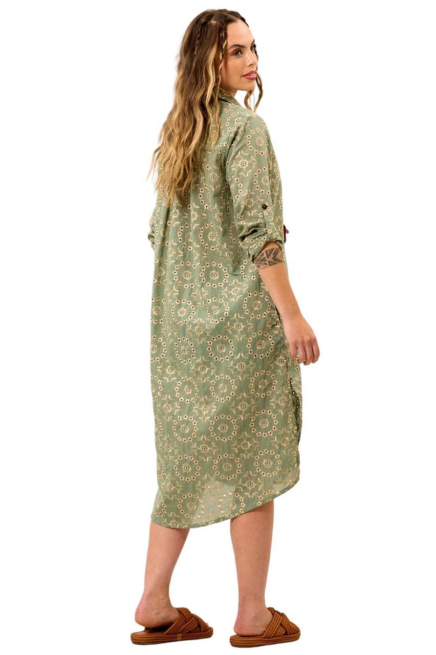 Chemise Midi Broderie Com Mangas Longas Verde Yacamim