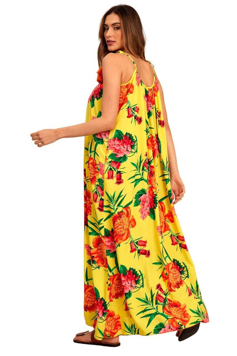 Vestido Longo Básico Com Alças De Amarrar Amarelo Estampado Yacamim