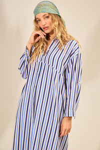 Chemise Midi Com Mangas Longas Azul Listrado Yacamim P6