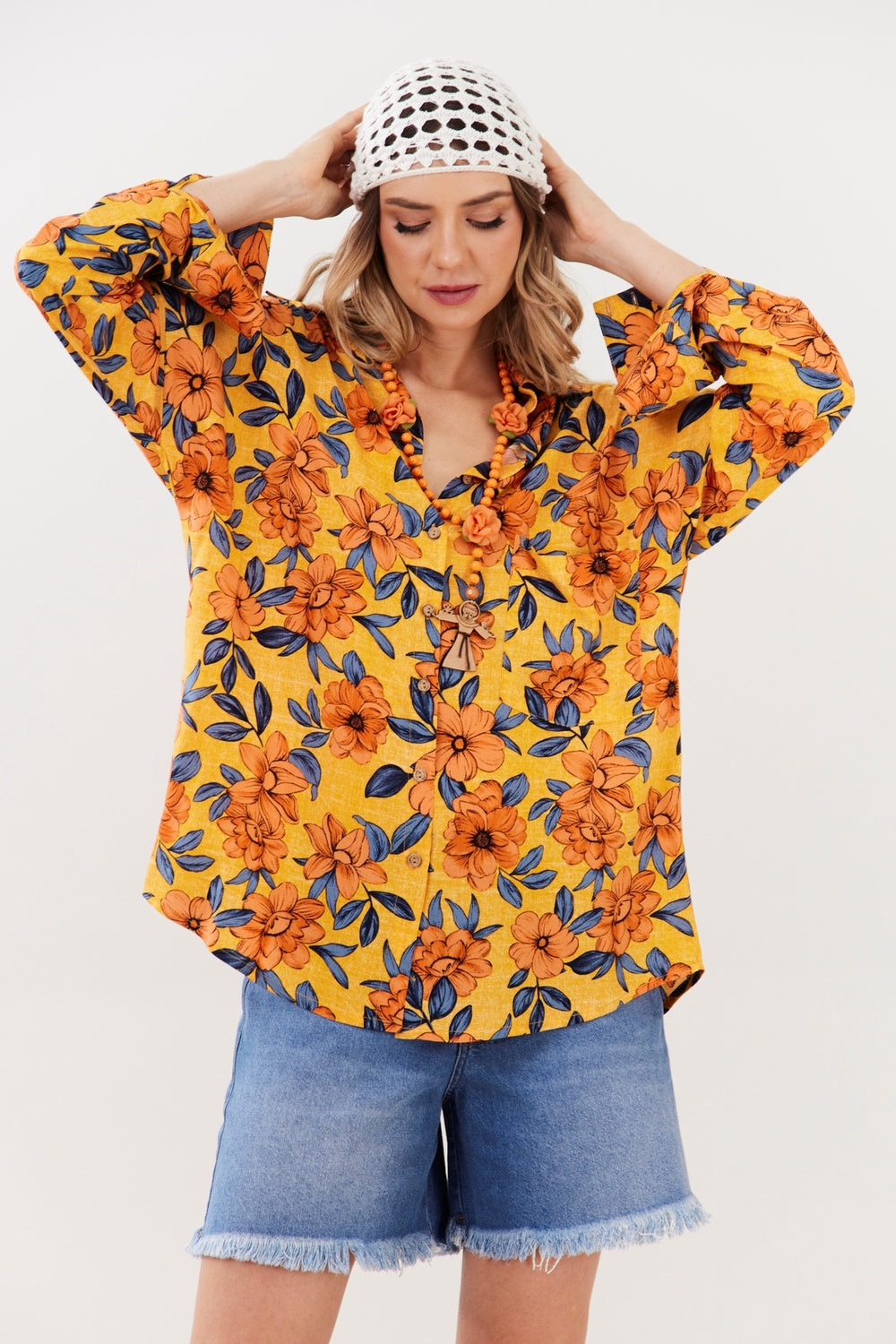 Camisa Ampla Laranja Estampado Yacamim A25