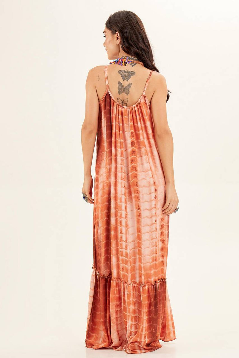 Vestido Longo De Alcinhas Reguláveis Marrom Tie Dye Yacamim