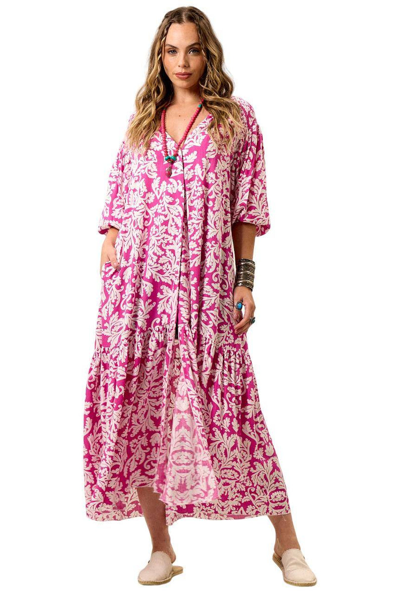 Vestido Chemise Longo Com Mangas 3/8 Raglã Rosa Estampado Yacamim