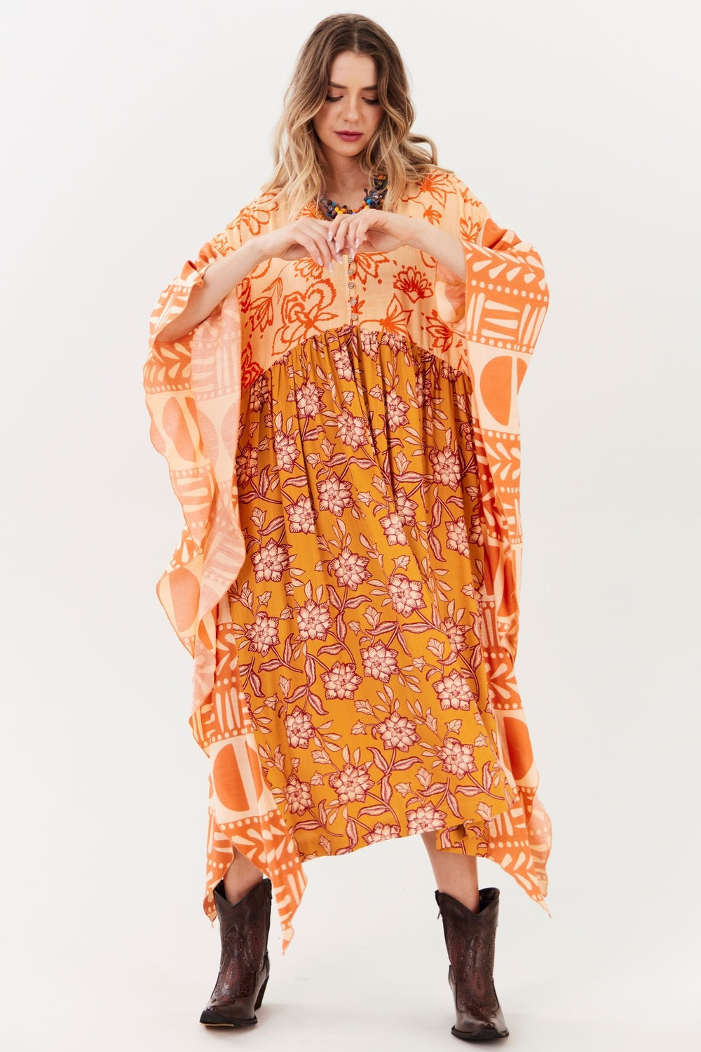 Kaftan Midi Amplo Laranja Estampado Patchwork Yacamim S10