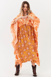 Kaftan Midi Amplo Laranja Estampado Patchwork Yacamim S10