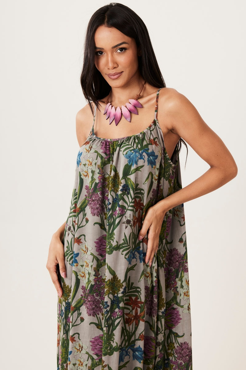 Vestido Longo Alças Reguláveis Babado Cinza E Preto Yacamim C26