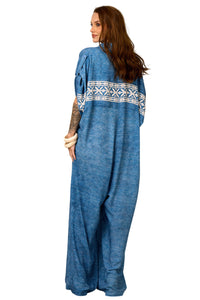 Macacão Longo Pantalona Azul Estampado Yacamim O1