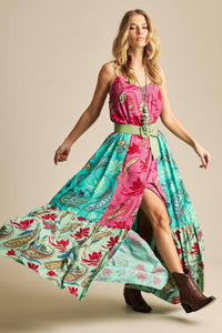 Vestido Longo Com Alças Reguláveis Rosa E Verde Patchwork Yacamim D20