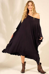 Kaftan Midi Com Gola Ampla Preto Yacamim<br /><br /><br />