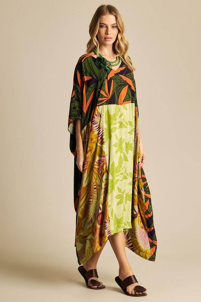 Kaftan Amplo Com Decote Em V Verde Patchwork Yacamim K5