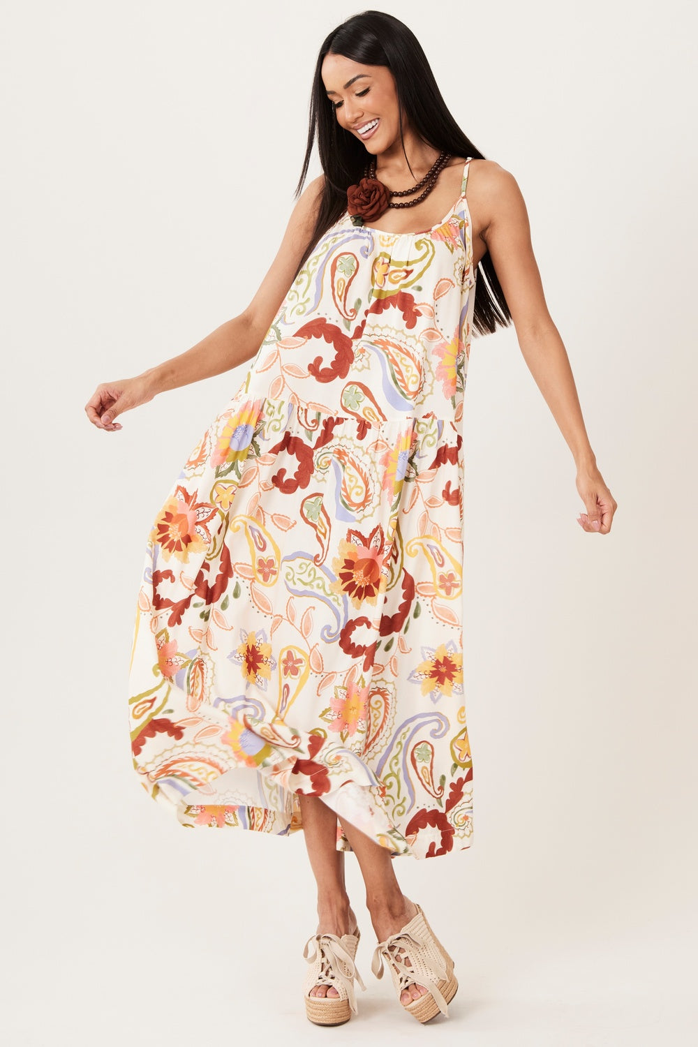 Vestido Midi De Alças Bege Estampa Cashmere Yacamim D17