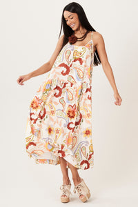 Vestido Midi De Alças Bege Estampa Cashmere Yacamim D17