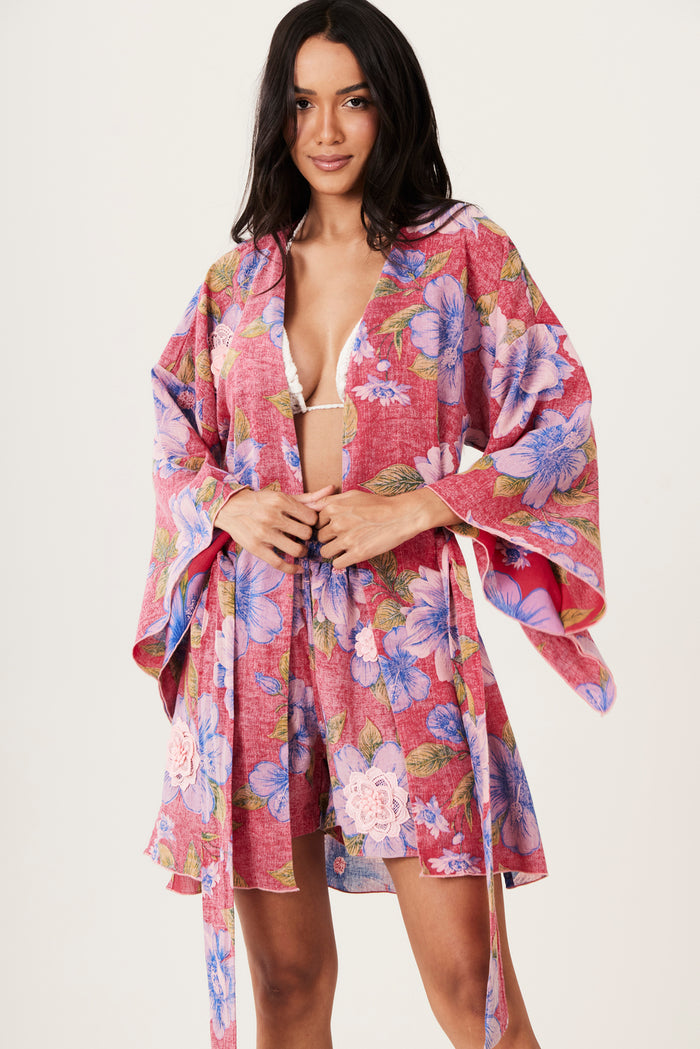 Kimono Curto Inhotim 100% Algodão Vermelho Floral Yacamim I3
