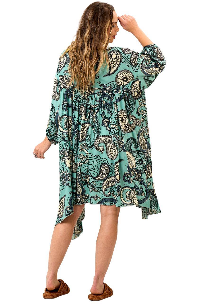 Vestido Curto Amplo Soltinho Verde Estampa Paisley Yacamim