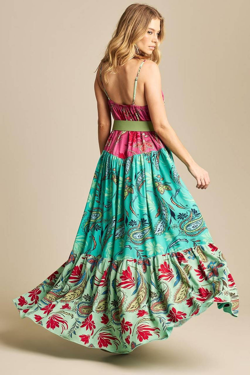 Vestido Longo Com Alças Reguláveis Rosa E Verde Patchwork Yacamim D20