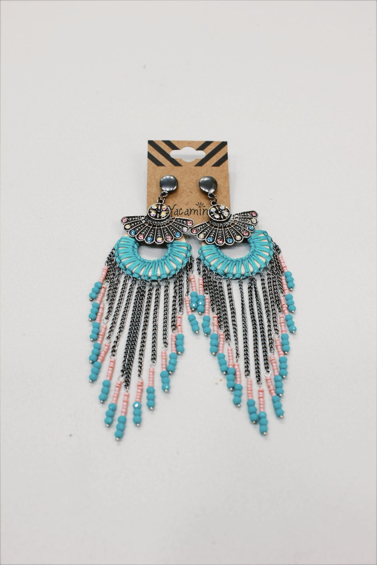 Brinco De Miçangas E Macramê Verde E Rosé Yacamim #611