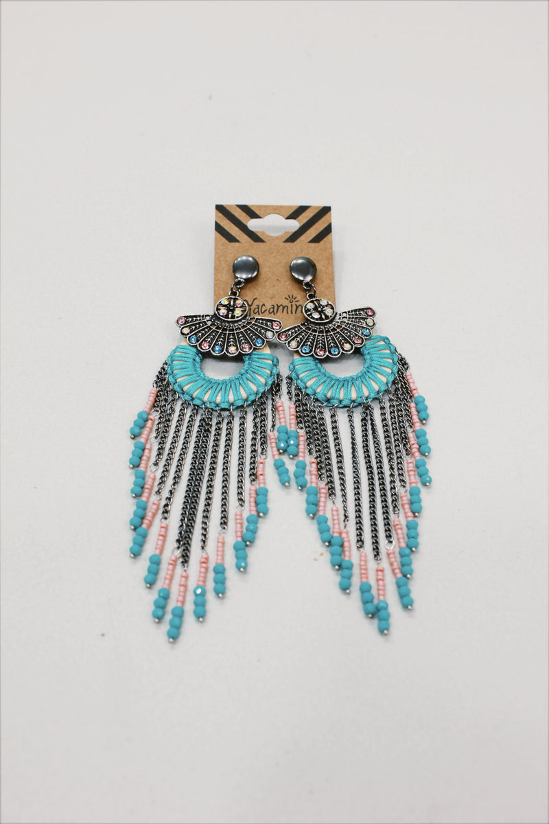 Brinco De Miçangas E Macramê Verde E Rosé Yacamim #611