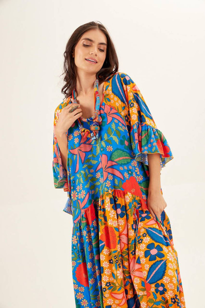 Vestido Longo Com Decote Redondo Azul E Amarelo Patchwork Yacamim