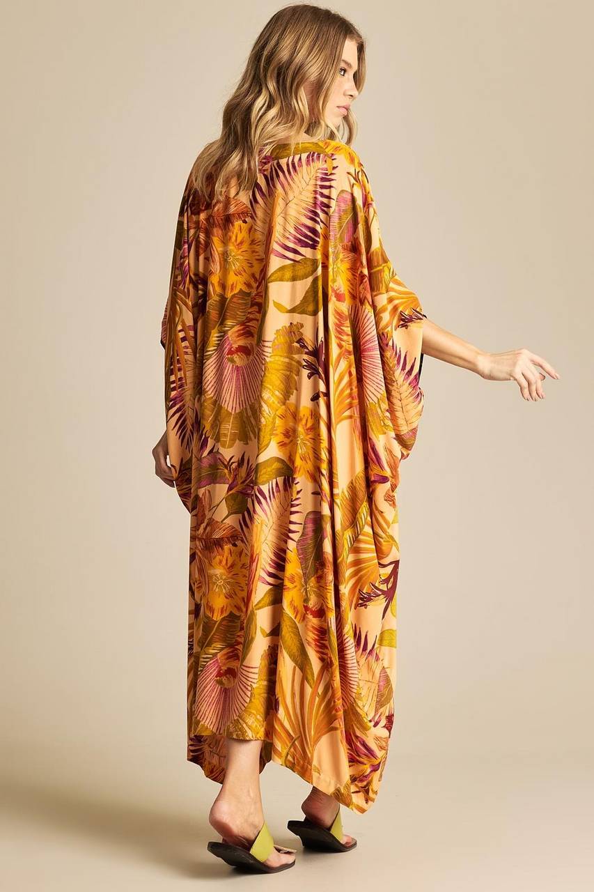 Kaftan Amplo Decote V Laranja Patchwork Yacamim