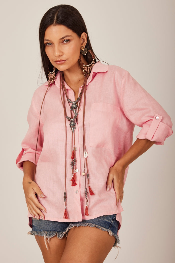 Camisa Básica De Linho Rosa Claro Yacamim A13