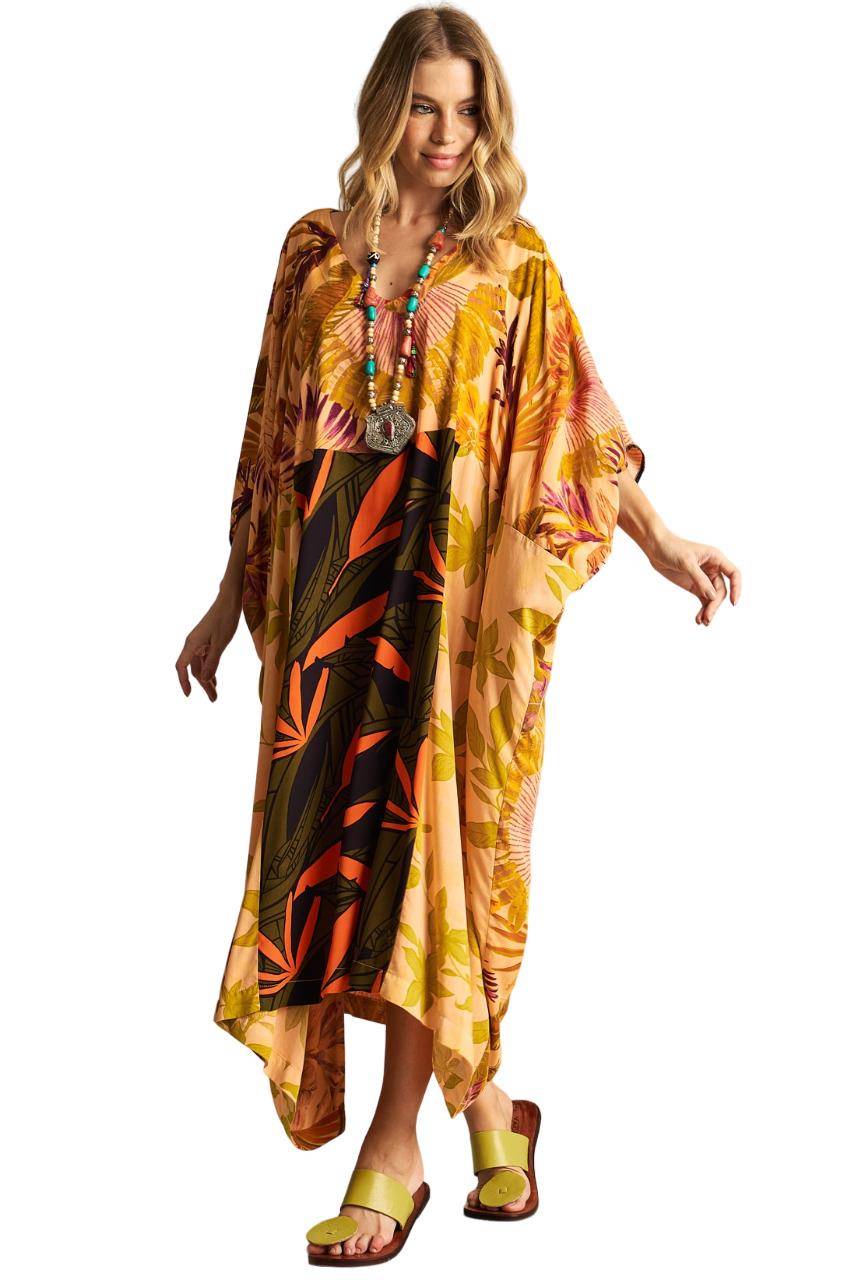 Kaftan Amplo Decote V Laranja Patchwork Yacamim