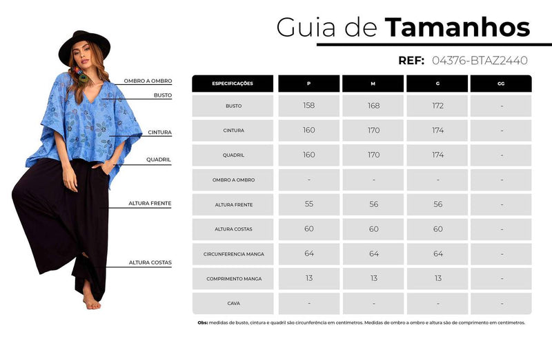 Bata Ampla Broderie Com Decote Em V Azul Yacamim