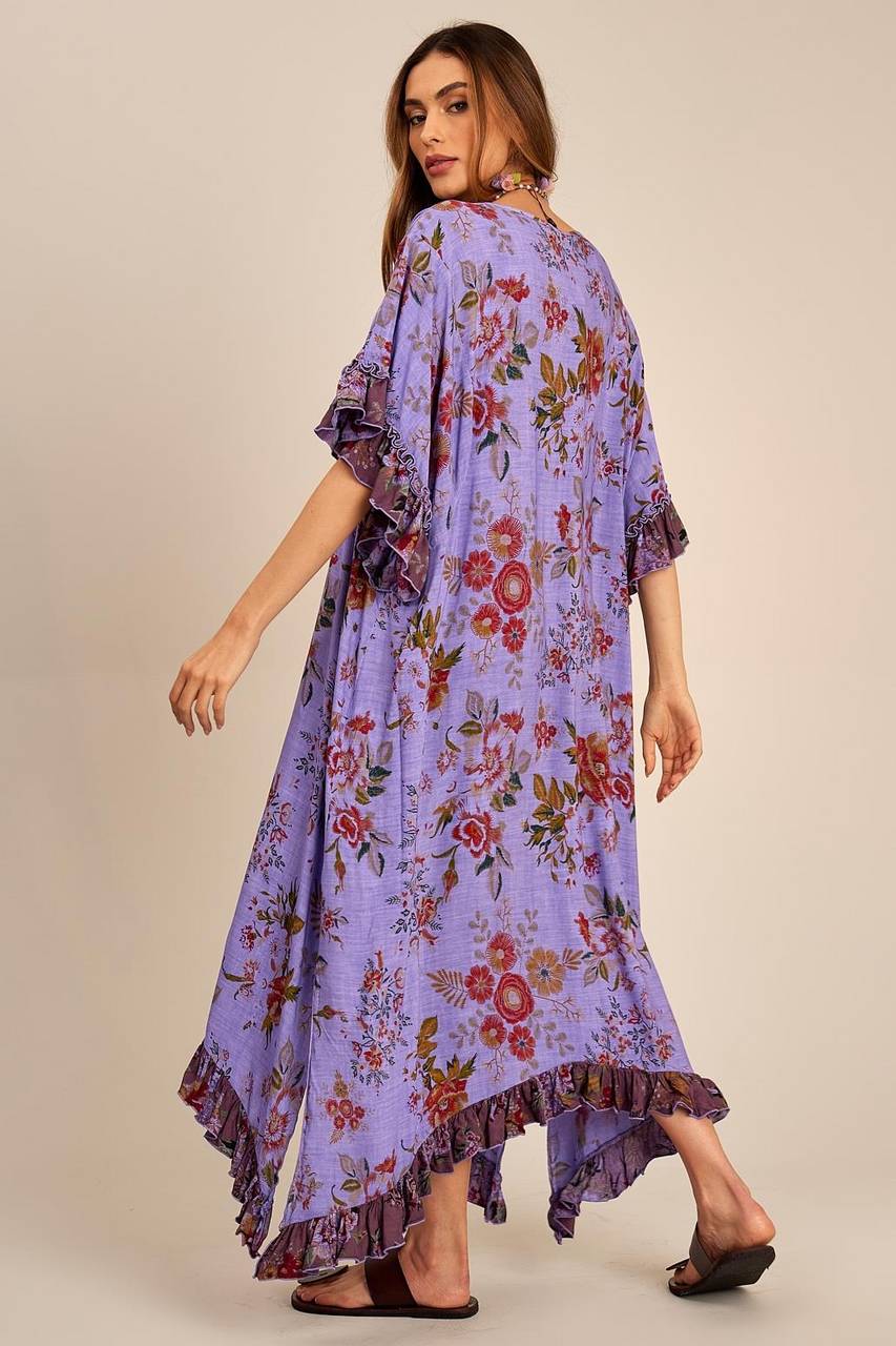 Kaftan Amplo Com Pontas Laterais Roxo Estampado Yacamim