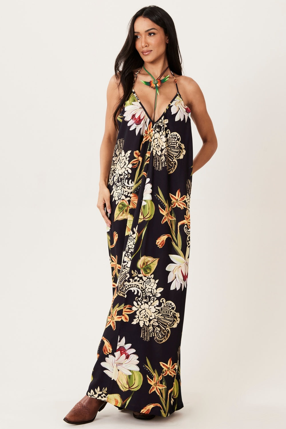 Vestido Longo Frente Única Preto Estampado Yacamim E20