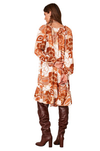 Vestido Curto Com Mangas Longas Marrom Estampado Yacamim C18