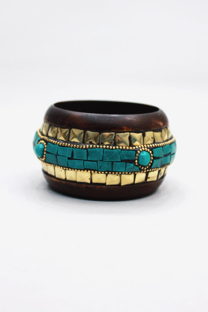 Pulseira Bracelete Largo De Madeira Com Pedras Yacamim #445