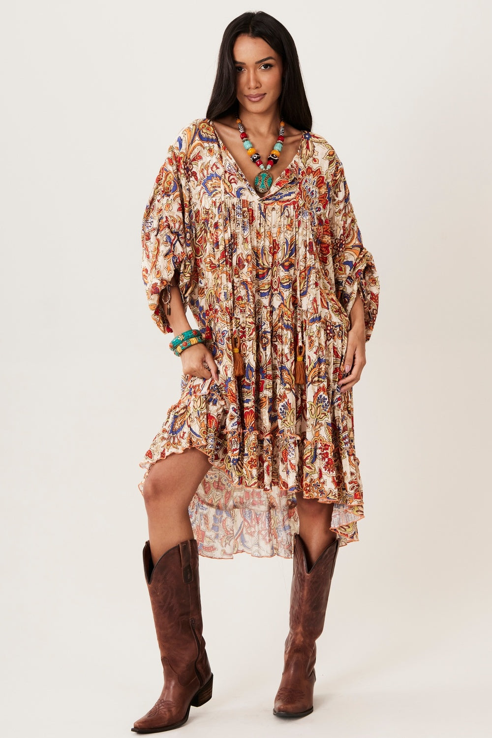 Vestido Curto Amplo Soltinha Bege Estampado Yacamim D1