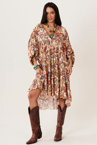 Vestido Curto Amplo Soltinha Bege Estampado Yacamim D1