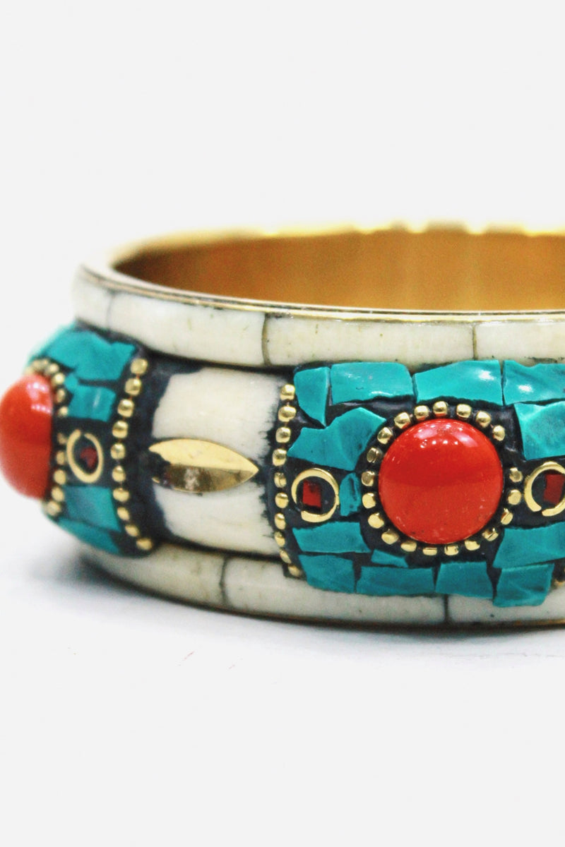 Pulseira Bracelete De Metal Com Mosaicos E Pedras Vermelhas Yacamim #456