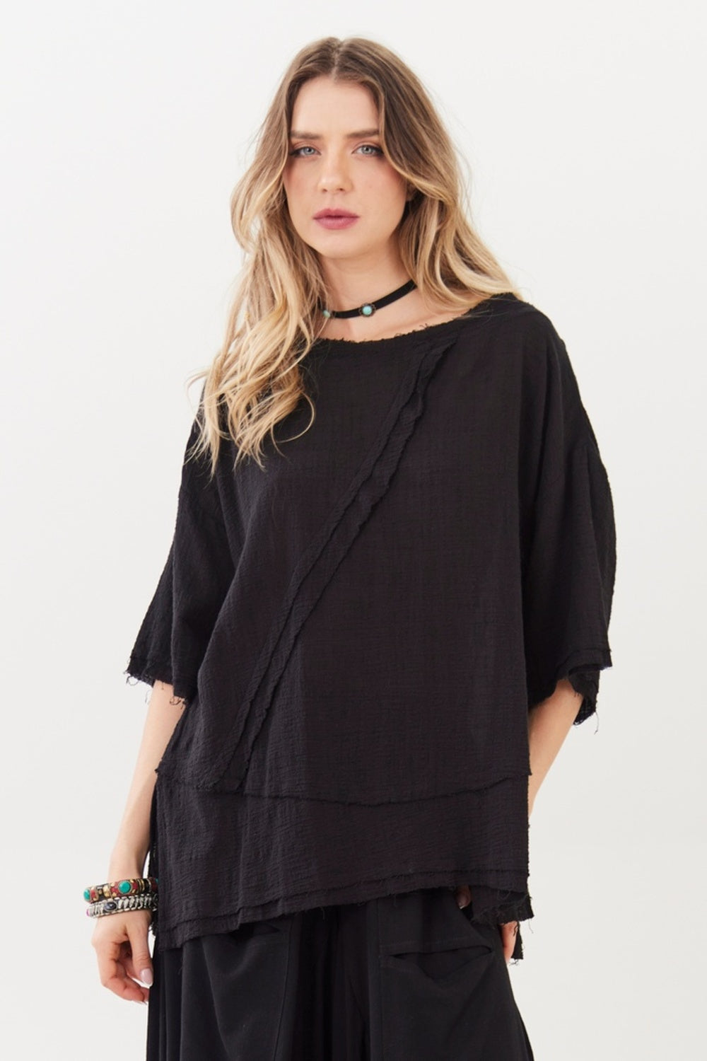 Bata Ampla 100% Algodão Gaze Marrakesh Preto Yacamim A6