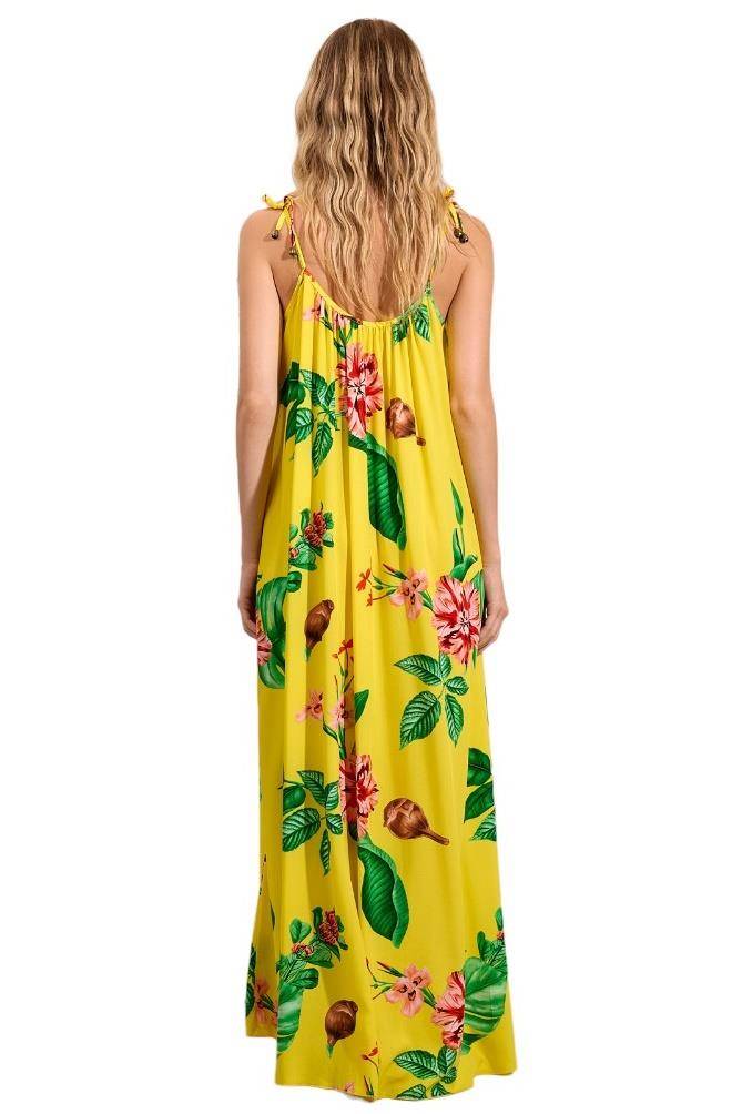 Vestido Longo Com Alças De Amarração Amarelo Estampado Yacamim D3