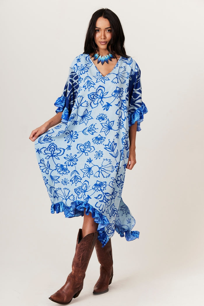 Kaftan Amplo Com Decote Em V Azul Estampado Yacamim J4