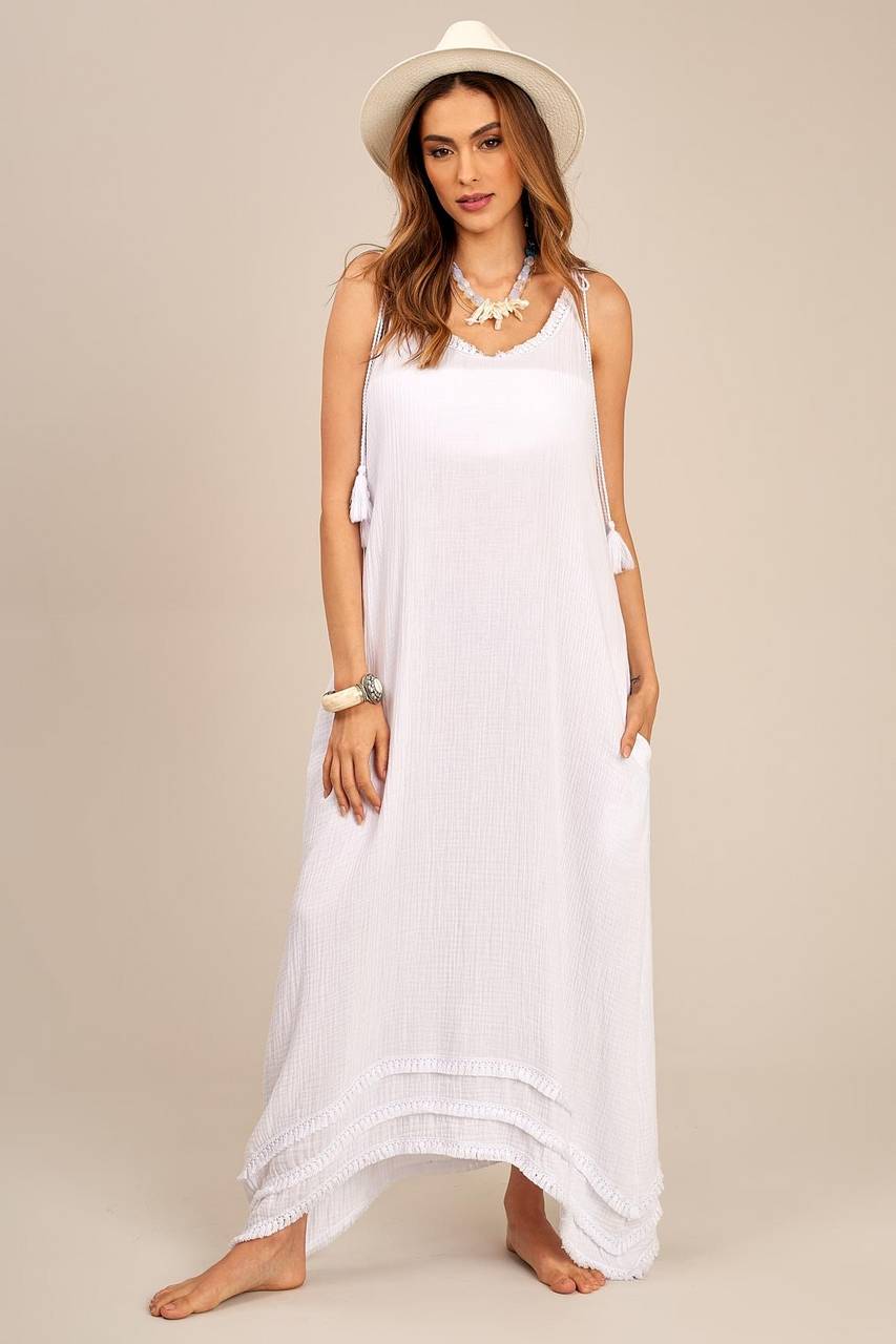 Vestido Longo Com Alças Trançadas Branco Yacamim