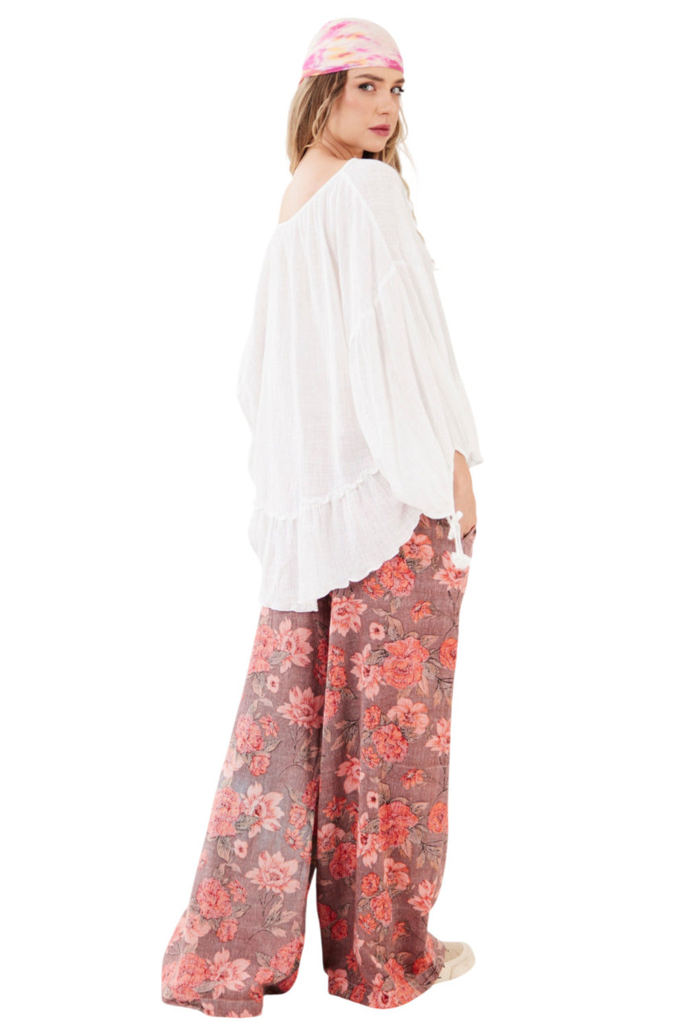 Calça Paraty 100% Algodão Pantalona Rosa Estampado Yacamim R4