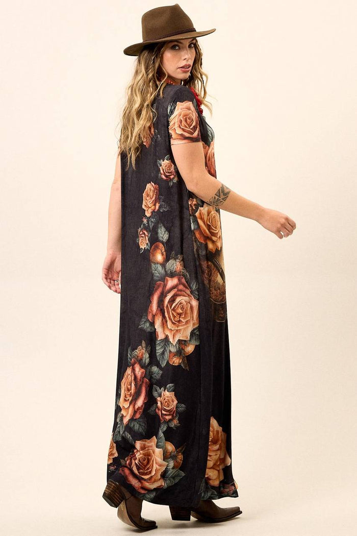 Vestido Longo De Mangas Curtas Grafite Estampa De Violão Yacamim