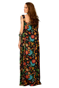 Vestido Longo De Alças Largas Preto Estampado Yacamim E22