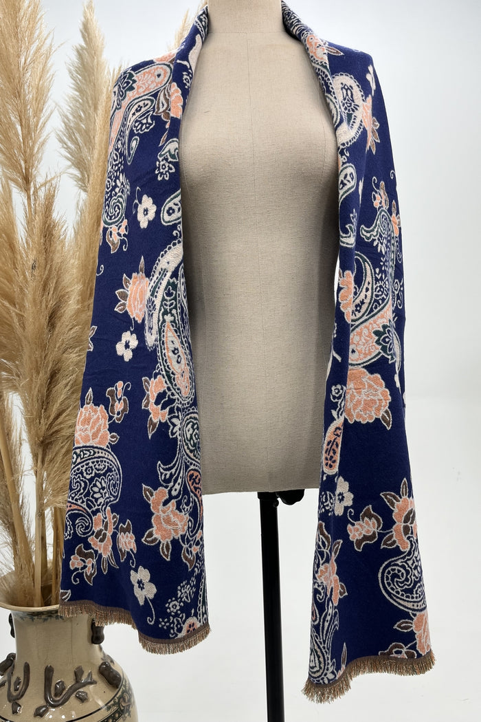 Cachecol Cashmere Azul Estampado Dupla Face Yacamim #259