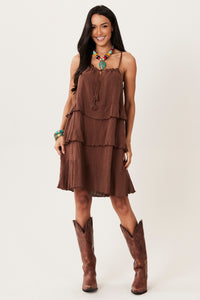 Vestido Curto 100% Algodão Gaze Marrakesh Marrom Yacamim E21