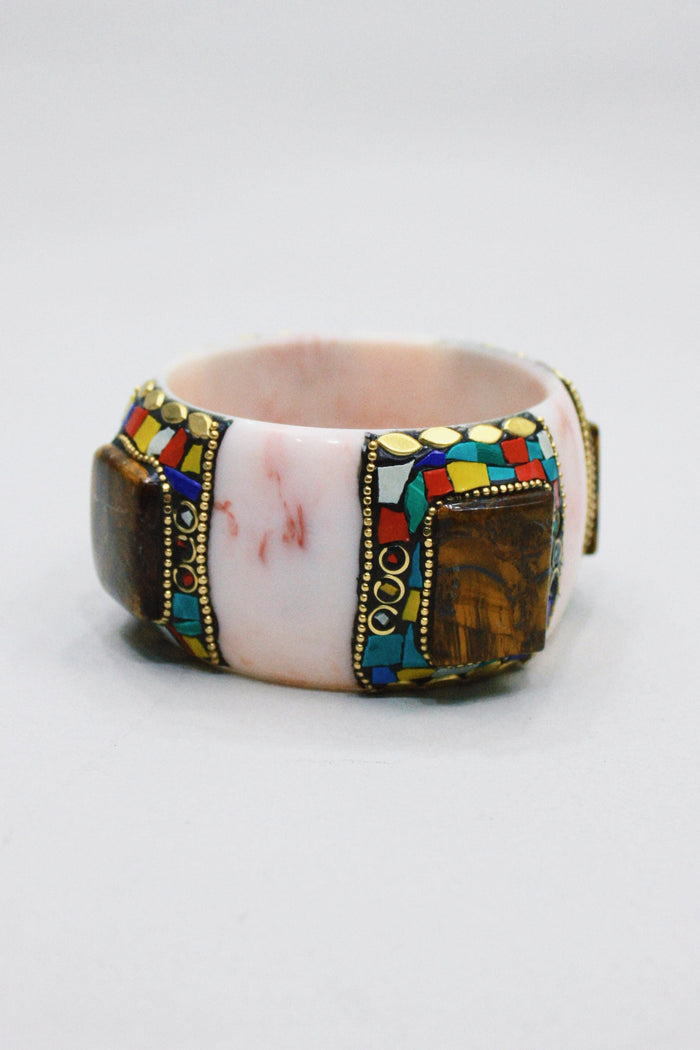 Pulseira Bracelete Largo De Cerâmica Com Pedras Yacamim #446