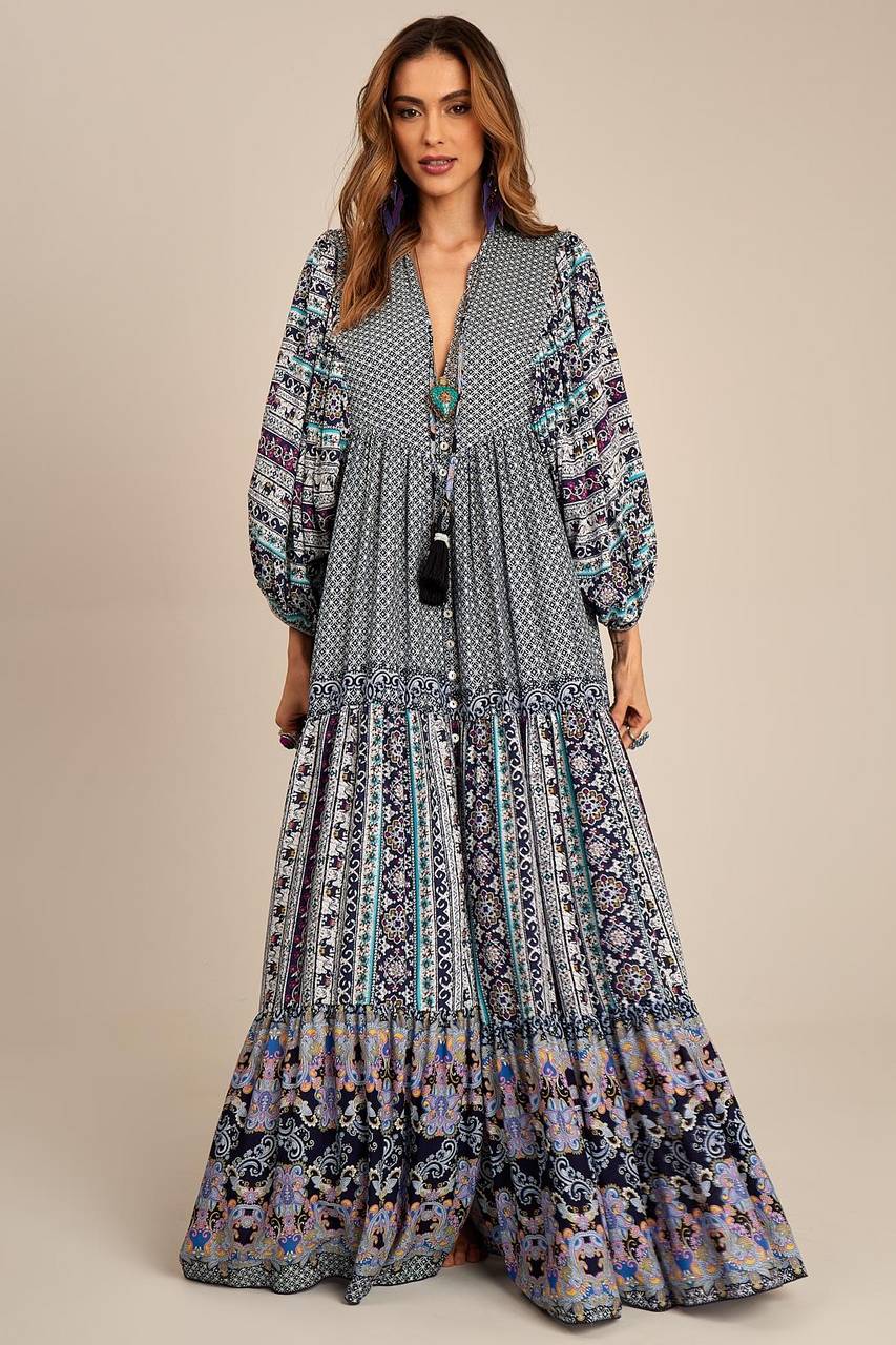 Vestido Chemise Longo Com Mangas Longas Bufantes Azul Patchwork Yacamim